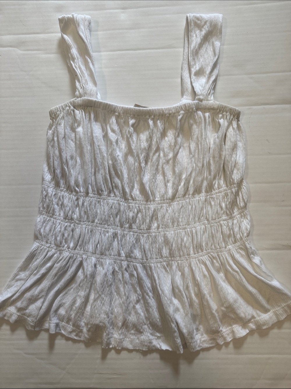 LOFT White Smocked Ruffle-Hem Tank